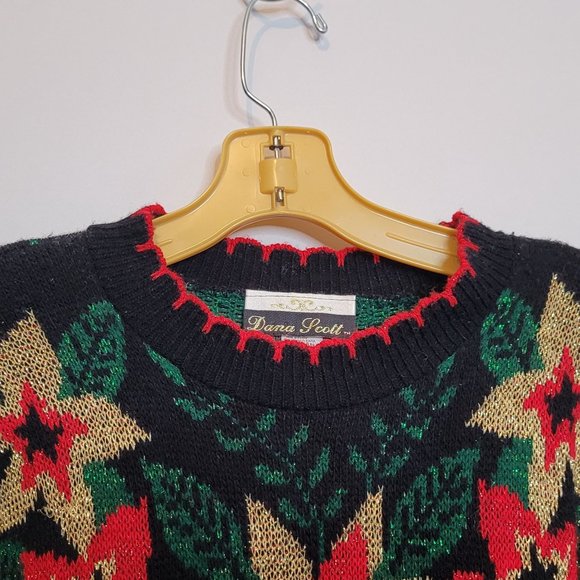 Vintage Christmas Sweater Poinsettia Black Red Dana Scott Acrylic Size Medium - Picture 8 of 15